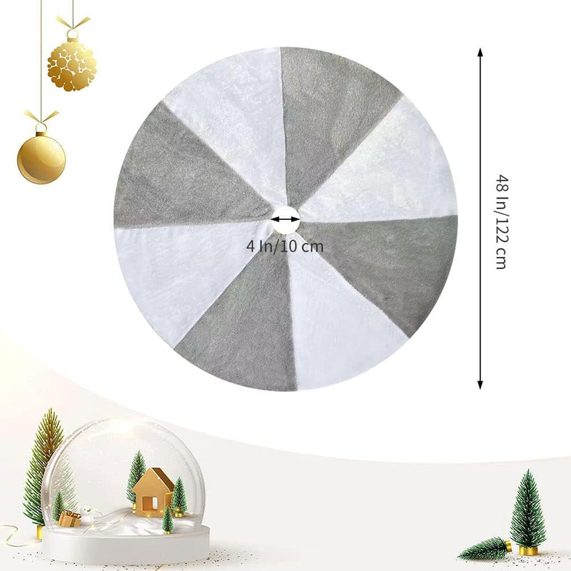 Christmas Tree Skirt, 48 Inch Large White & Grey Faux Fur Christmas Tree Base Mat with Silver Tinsel for Xmas Decoration or Home Décor