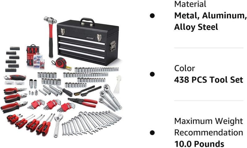 438-Piece Mechanics Tool Set with 3-Drawer Heavy Duty Metal Box Repair Tool Kit