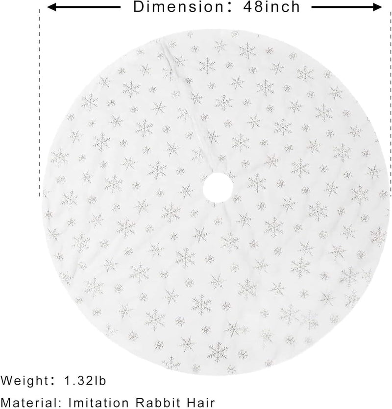 48Inch White Christmas Tree Skirt Tree Carpet Blanket, Soft Christmas Tree Blanket with Silver Snowflake White Faux Fur Carpet for Christmas Holidays Decoration