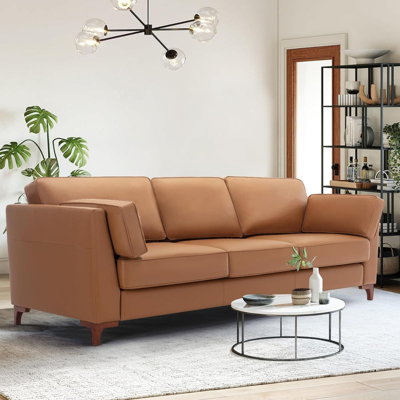 COLAMY 93" Mid-Century Modern Faux Leather Sofa，Oversized 3-Seater Couch with Comfy Cushions and Wood Legs for Living Room, Bedroom, Office, Apartment, Brown