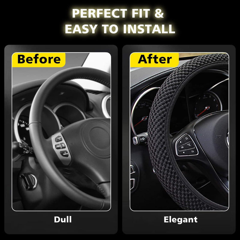 Elastic Stretch Car Steering Wheel Cover, Universal 15 Inch, Warm in Winter and Cool in Summer, Microfiber Breathable Ice Silk, Anti-Slip, Odorless, Black …