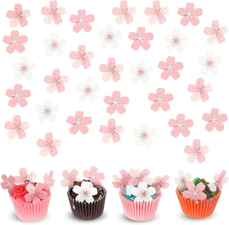 60 Pcs Edible Cherry Blossom Cake Decorations Edible Cherry Blossom Flowers Cupcake Toppers Wafer Paper Flowers Cake Topper Edible Rice Paper Cake Flowers for Birthday Party Food Decorations Supplies