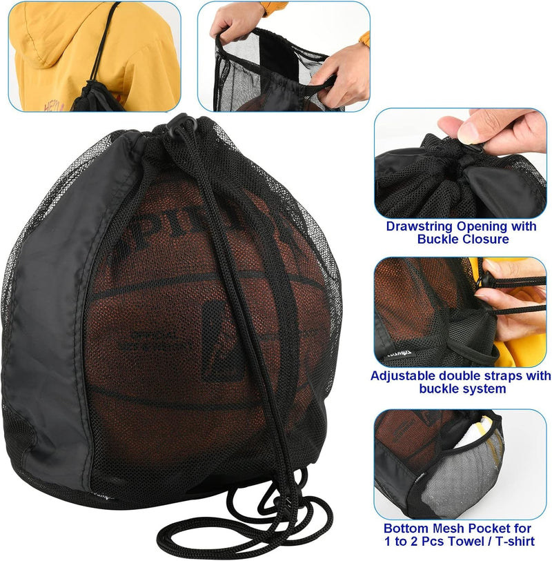 Cosmos Single Ball Bag Mesh Carry Bag Sport Game Ball Storage Bag Drawstring Sackpack Sling Back Bag for Carrying Basketball Volleyball Rugby Ball Soccer Football, Also as Swim Bag Gym Bag Sports Bag