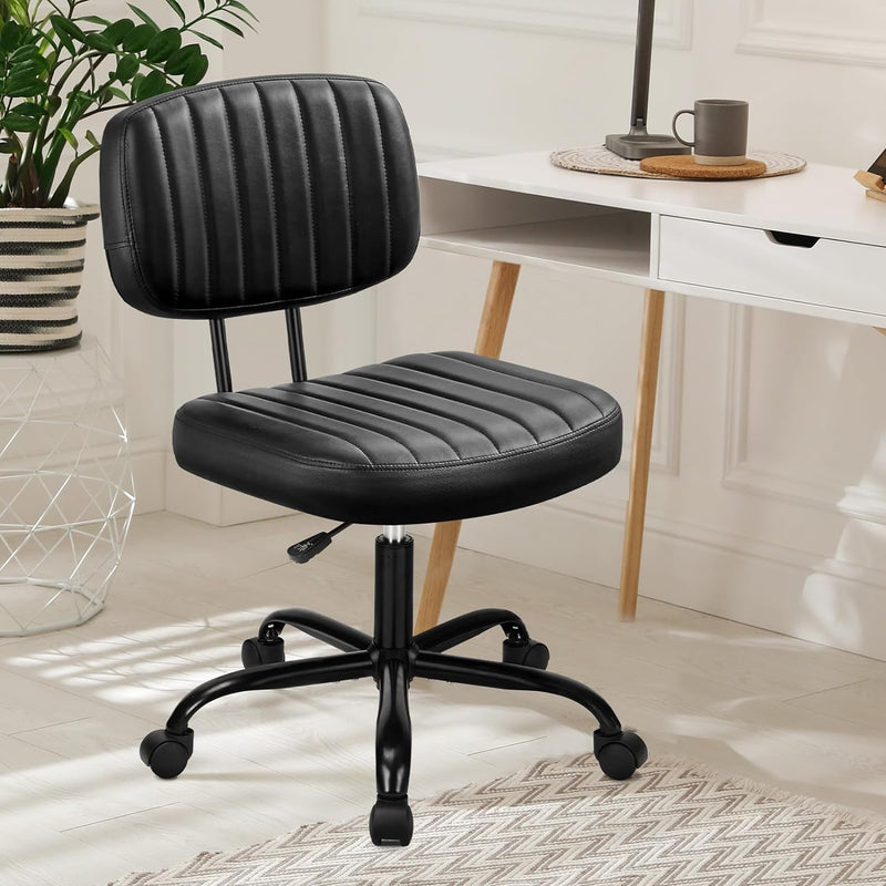 DUMOS Armless Home Office Desk Chair Ergonomic with Low Back Lumbar Support, Height Adjustable PU Leather Computer Task with 360° Swivel Rolling Wheels, for Small Space, Black