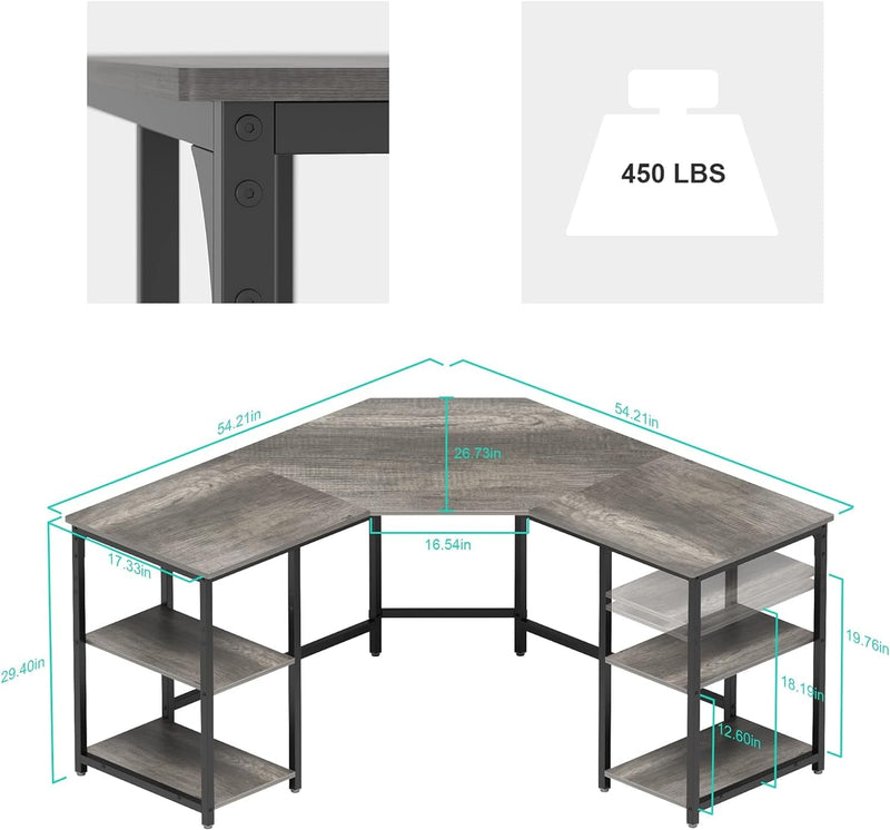 Elephance L-Shaped Desk with Shelves, Computer Corner Desk, Home Office Writing Workstation, Gaming Desk PC Laptop Table with Storage