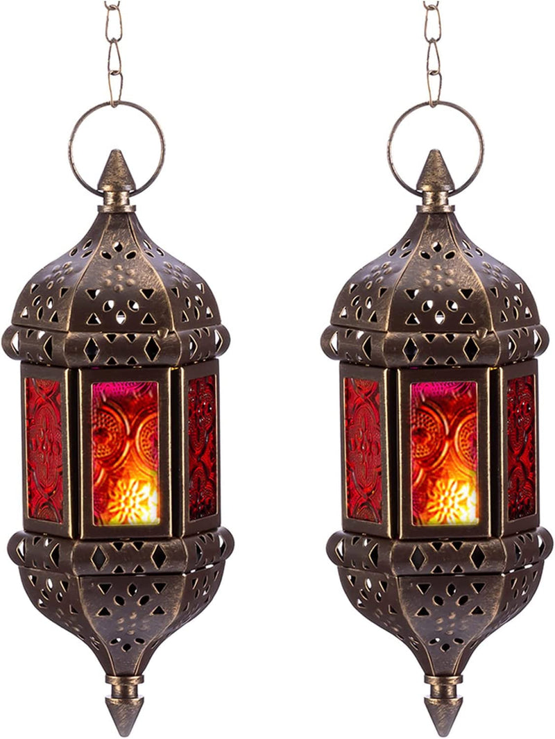 2 Pcs Hanging Hexagon Decorative Moroccan Candle Lantern Holders, Handmade Hanging Tea Light Holder in Bronze Metal & Red & Purple Glass Gift & Decor Items