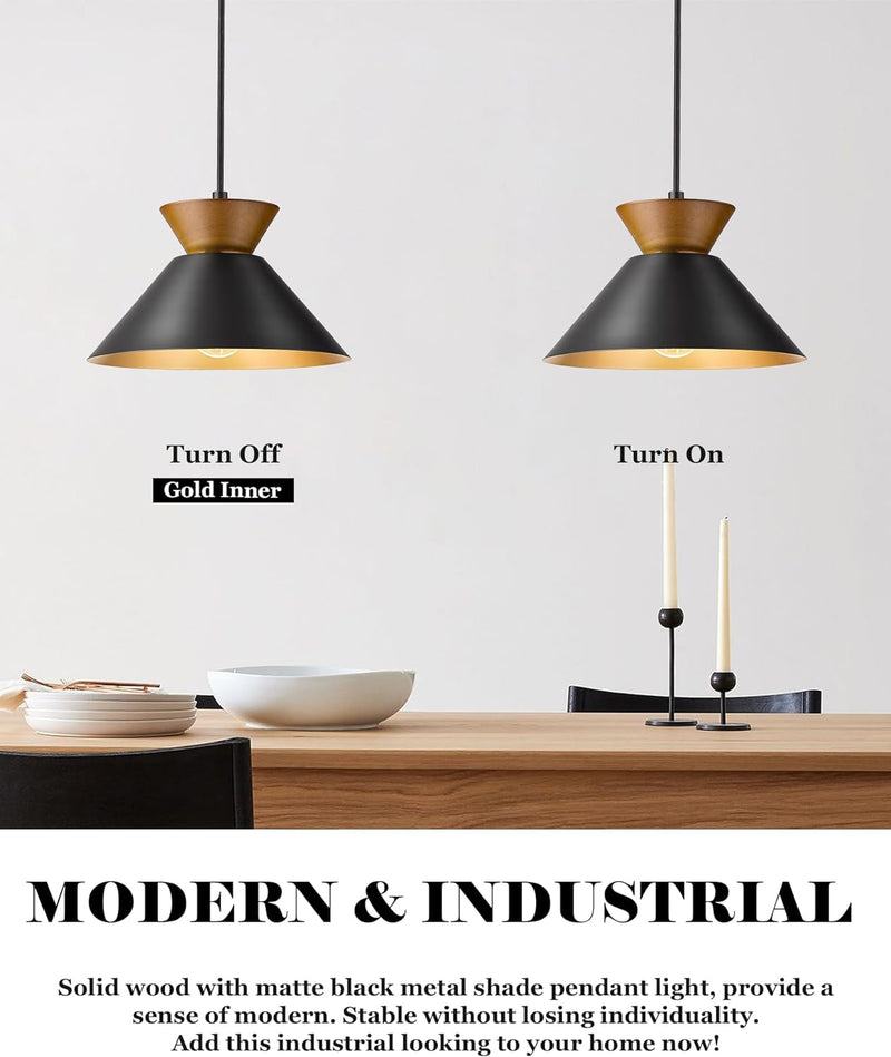 ELYONA Modern Pendant Lights Kitchen Island, Solid Wood Hanging Lamp with Matte Black Metal Shade & Gold Inner Finish, Farmhouse Pendant Light Fixtures for Dining Room, Bedroom, Living Room, Hallway