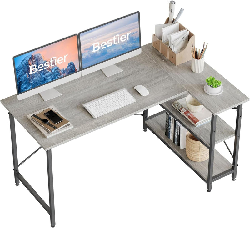 Bestier L Shaped Desk with Storage Shelves 55 Inch Corner Computer Desk Writing Study Table Workstation for Home Office, Oak