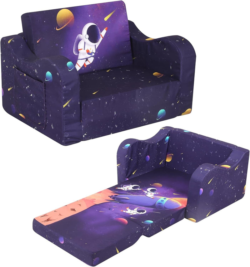 Astronaut Kids Sofa, 2-In-1 Kids Couch Fold Out, Convertible Sofa to Bed for Girls and Boys