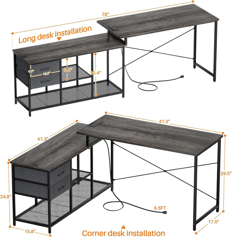 Homieasy Reversible L Shaped Desk with Power Outlet, Corner Computer Desk with Drawers and Storage Shelves, L-Shaped Long Home Office Desk Study Writing Desk Gaming Desk, Grey Oak