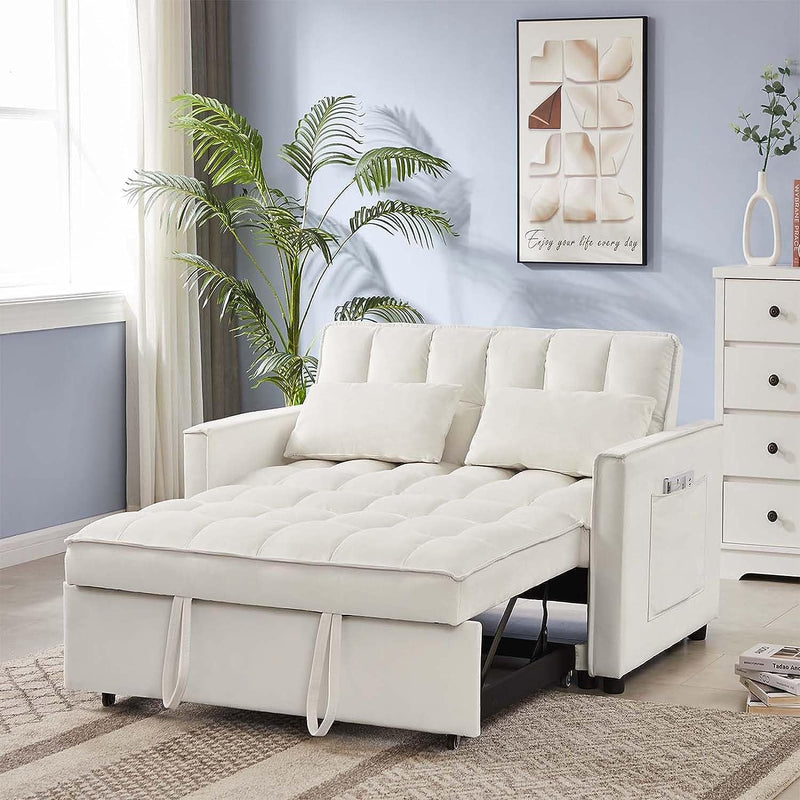 3-In-1 Convertible Velvet Sofa Bed Loveseat with Reclining Backrest, Toss Pillows, Pockets - for Living Room, Beige