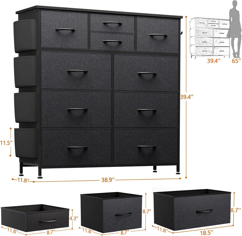 10 Drawer Dresser, Chest of Drawers for Bedroom, Fabric Dresser Drawers with Side Pockets, Hooks, Wooden Top and Sturdy Metal Frame for Living Room, Closet, Hallway (Grey)