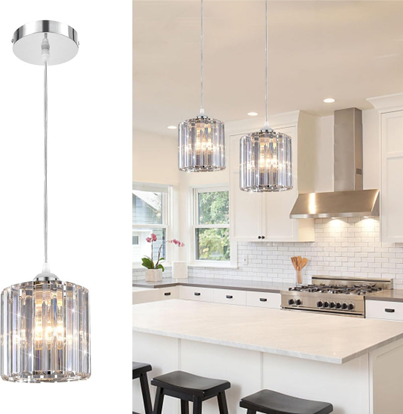 2 Pack Modern Chrome Crystal Ceiling Pendant Lighting Mini Industrial Dimmable Small Chandelier with Long Cord, Mini Adjustable Pendant Light Fixture for Living Room Kitchen Island Dining Room Light