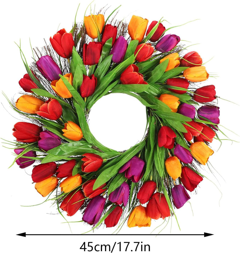 18Inch Tulip Wreath, Spring Artificial Flower Wreath for Front Door Window Wall Hanging Valentines Day, Summer Silk Wreath Decor (Red)