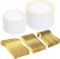 Dayammi 30 Guests Gold Plastic Plates with Disposable Silverware,Gold Cutlery with White Handle,White&Gold Disposable Dinnerware:60 Plastic Plates Gold Rim,90 Plastic Silverware Set for Party Wedding