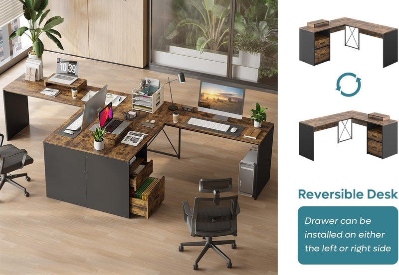 Bestier L Shaped Desk with Drawers, 55 Inch Office L Desk with Reversible File Drawer, Industrial Wood Computer Desk with Monitor Stand (Rustic Brown)