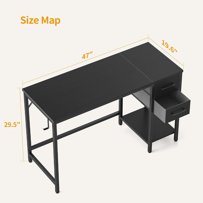 Cubicubi Computer Home Office Desk with 2 Drawers, 47 Inch Small Desk Study Writing Table, Modern Simple PC Desk, Black