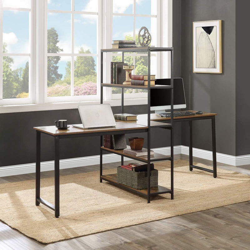 Home Office Two Person Computer Desk with Shelves, Extra Large Double Workstations Office Desk with Storage Shelves (Brown)