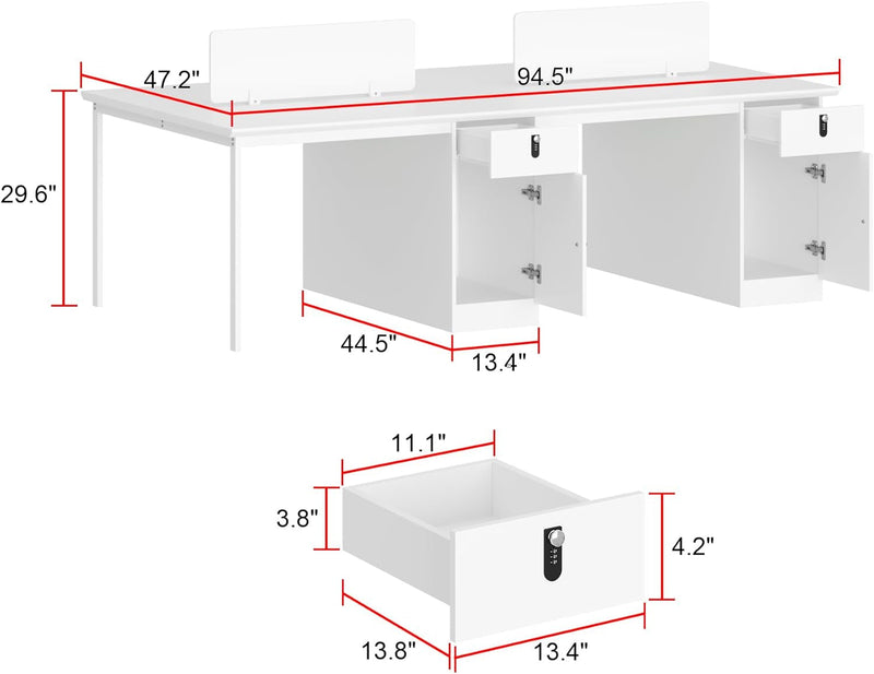 Homsee 94.5" Extra Long & Large Home Office Desk for 4 Person, Computer Desk with 4 Combination Lock Drawers, 4 Cabinets, 2 Desk Dividers & Wire Organizer Holes, White