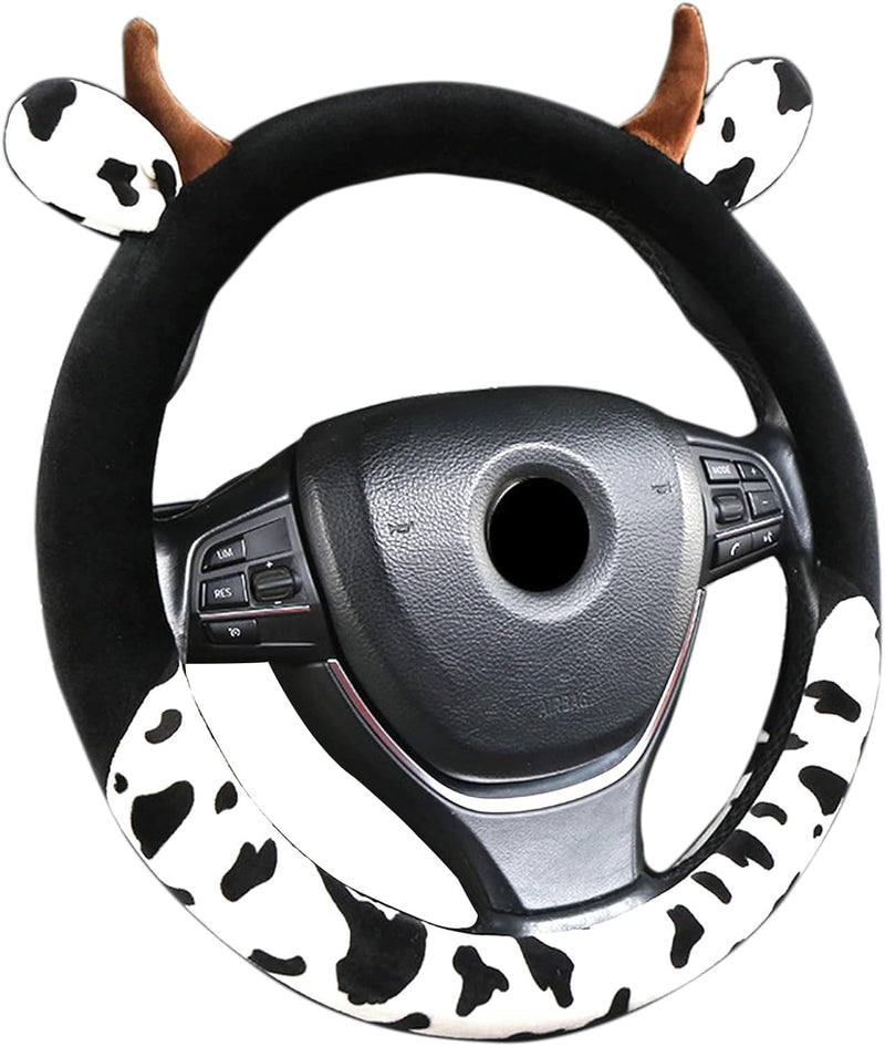 Cow Print Steering Wheel Cover, Universal 14.5 to 15 Inch anti Slip and Sweat Absorption Comfortable Auto Steering Wheel Cover, Cute Cow Car Accessories with Cow Ear Horn Design