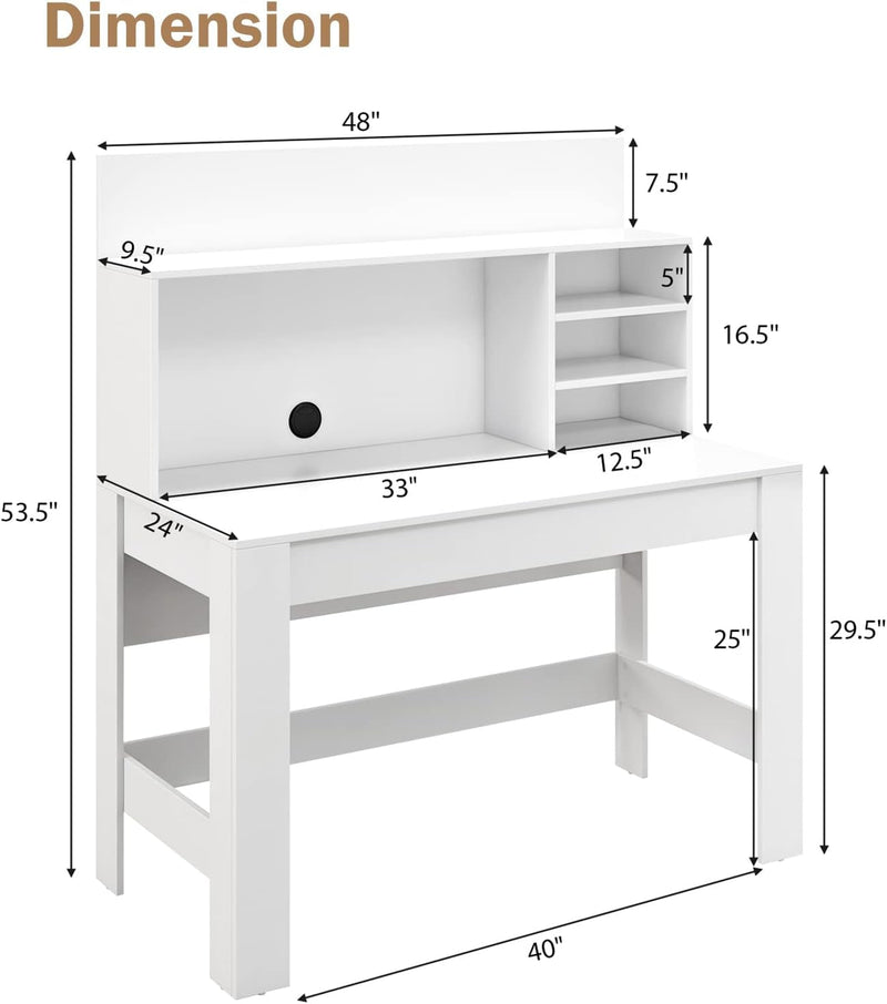 Computer Desk with Hutch Shelf, 48" X 24" X 53.5" Home Office Desk, Anti-Tipping Kits & Cable Hole, Modern Executive Desk Writing Table Workstation for Small Space Bedroom (White)