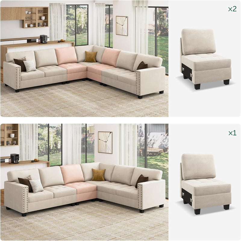 HONBAY Armless Single Seat for Modular Sectional Sofa, Velvet Chair for Sectional Couch, Beige