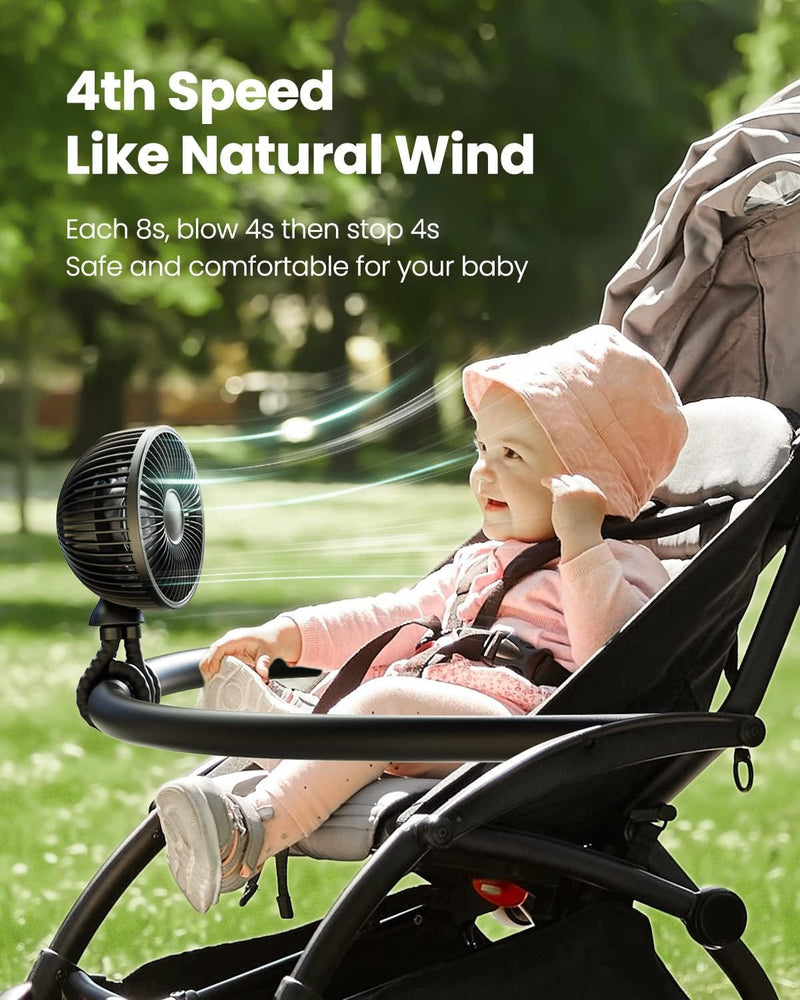 Gaiatop Baby Stroller Fan, 4000Mah Oscillating Mini Portable Fan with Light, 4 Speeds Battery Operated Small Handheld Desk Fan, 360° Rotate Flexible Tripod Clip on Fan for Car Seat Crib Travel Black