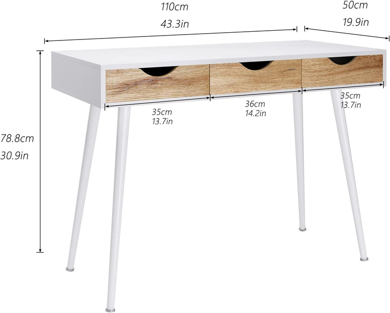 Dlandhome Computer Desk with Drawers Mid Century Modern Desk 43 Inches Vanity Desk with 3-Drawers, Office Desk with Drawers Writing Desk Study Table Makeup Tables, Bedroom Dresser Table