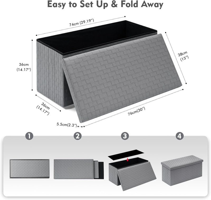 B FSOBEIIALEO Folding Storage Ottoman, Faux Leather Footrest Seat Long Bench Storage Box Chest, Grey 30"X15"X15"