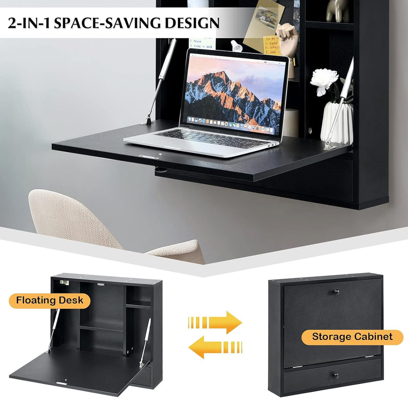 COSTWAY Wall-Mounted Computer Desk, Floating Desk with Storage Drawer & Shelves, Fold-Up Desktop & Pneumatic Springs, Ideal for Home, Office, Dormitory, Small Spaces (Black)