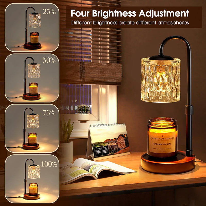 Briever Dimmable Candle Warmer Lamp with Timer, Height Adjustable Electric Candle Wax Warmer for Jar Candles, Top-Down Light Heat Melting Wax with 2 Bulbs, Walnut Solid Wood Base for Home Decor Gifts