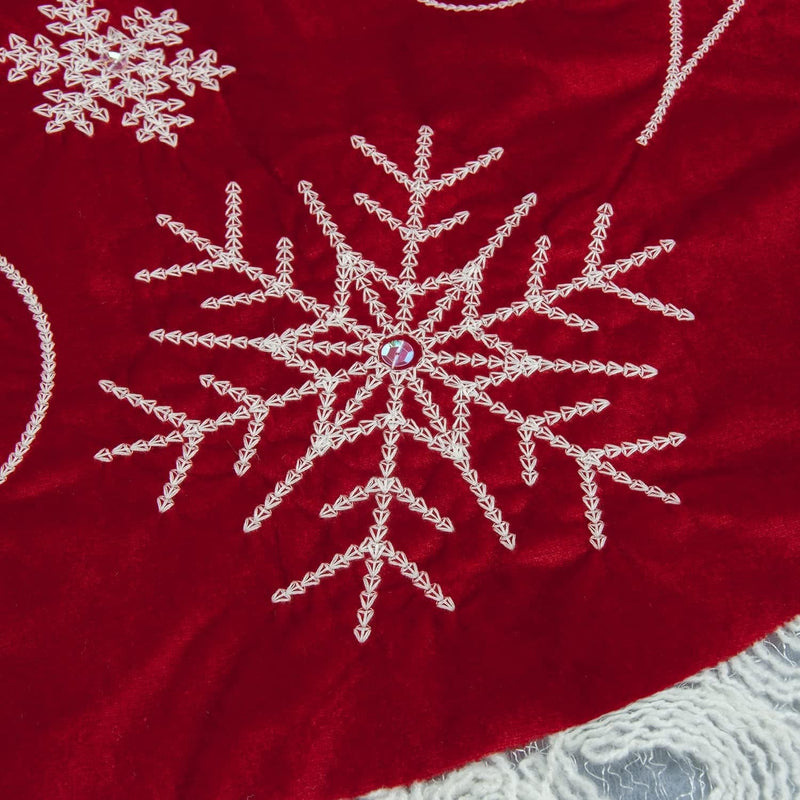 Christmas Tree Skirt, 32 Inch Red Velvet Tree Skirt with Embroidered Snowflakes Sequins White Trim Border, Holiday Party Tree Decoration