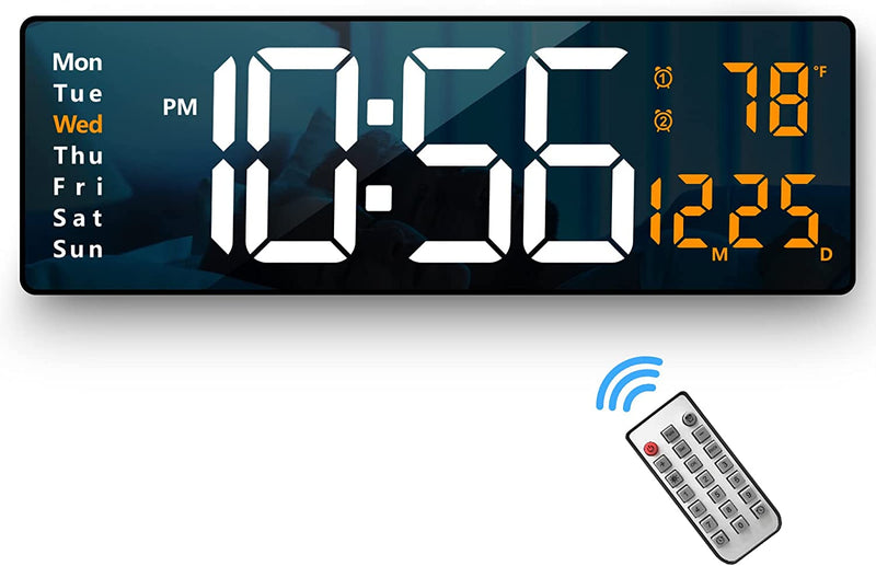 Digital Wall Clock Large Display, 16.2 Inch , LED Digital Clock with Remote Control for Living Room Decor, Automatic Brightness Dimmer with Date Week Temperature (Orange)