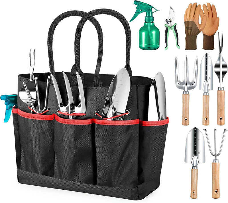 Gardening Tools 9-Piece Heavy Duty Gardening Hand Tools with Fashion and Durable Garden Tools Organizer Handbag,Rust-Proof Garden Tool Set, Ideal Gardening Gifts for Women