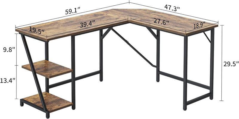 Cubicubi L Shaped Computer Desk, 59.1 Inch Industrial Office Desk with Storage Shelves, Rustic Wood and Metal Corner Desk for Home Office Rustic Brown