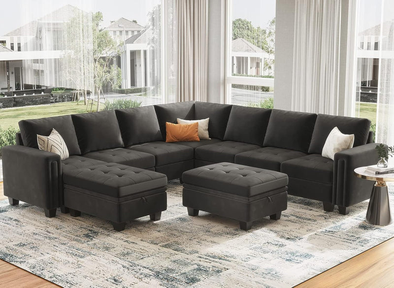 Belffin Oversized Velvet Modular 8-Seat Sectional Sofa Set with Storage Ottoman U Shaped Couch Set Modular Sectional Convertible Sofa Couch with Reversible Chaise Corner Sofa Couch Set Grey