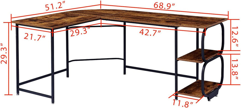 Anivia 68.9" Reversible L Shaped Desk with Storage Shelves - Corner Computer Desks Gaming Table Workstation for Home Office, Writing, Study, Caramel Brown