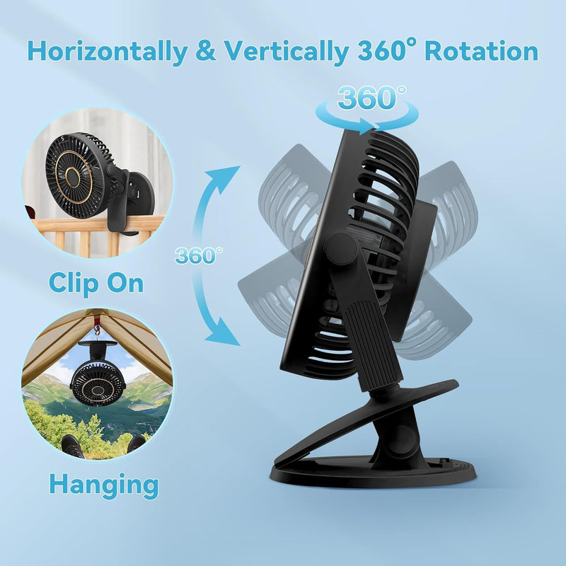 5 Speeds Clip on Fan Rechargeable - Mini USB Portable Desk Fan with Clip, LED Display Powerful Silent Table Fan, 720°Flexible Rotation for Bed, Home, Stroller, Sport, Camping (Black)