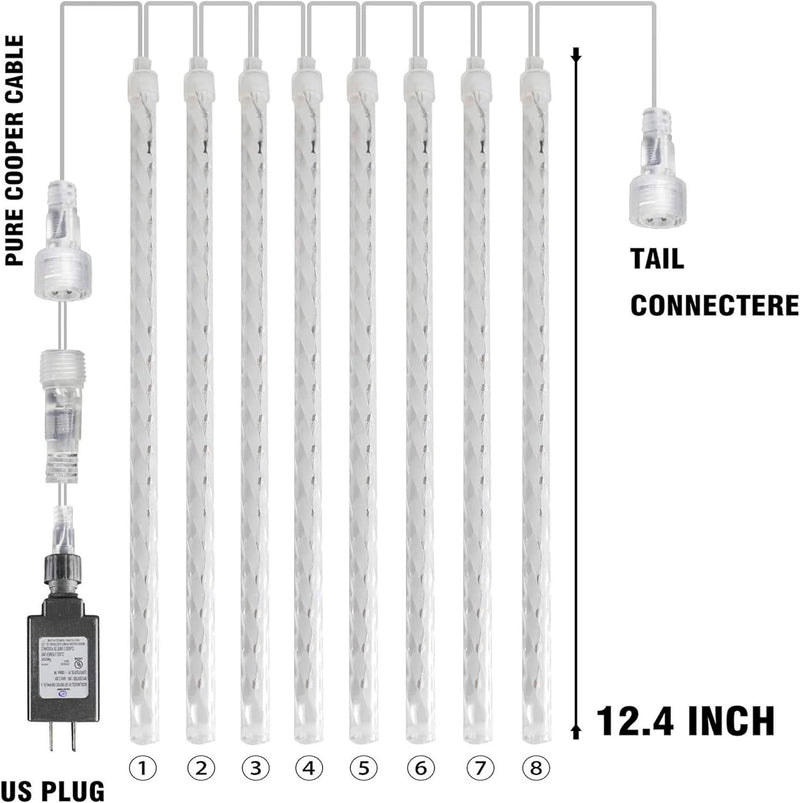 Dazzle Bright 4Th of July Lights Decorations, 288LED Red Blue and White Meteor Shower Rain Lights 12Inch 8 Tubes, Waterproof Plug in Falling Rain Lights Independence Day for Outdoor Yard