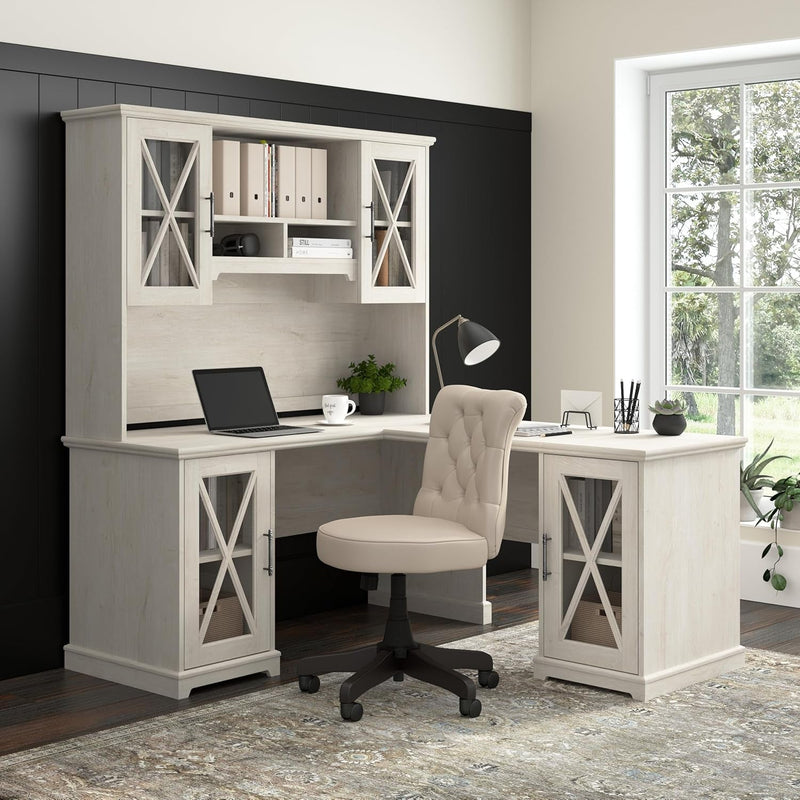 Bush Furniture Lennox 60W Farmhouse L Shaped Desk with Hutch and Storage Cabinets in Linen White Oak, Corner Computer Table for Home Office