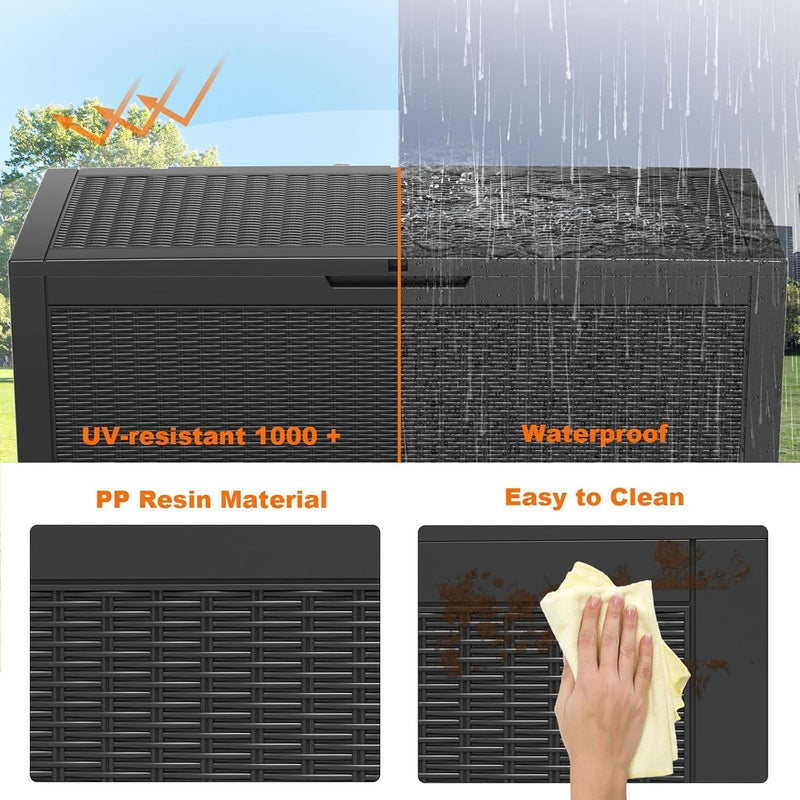 100 Gallon Resin Large Deck Box, Lockable Patio Outdoor Storage Box for Furniture, Garden Tools and Tools Storage, Waterproof outside Storage Box - Black