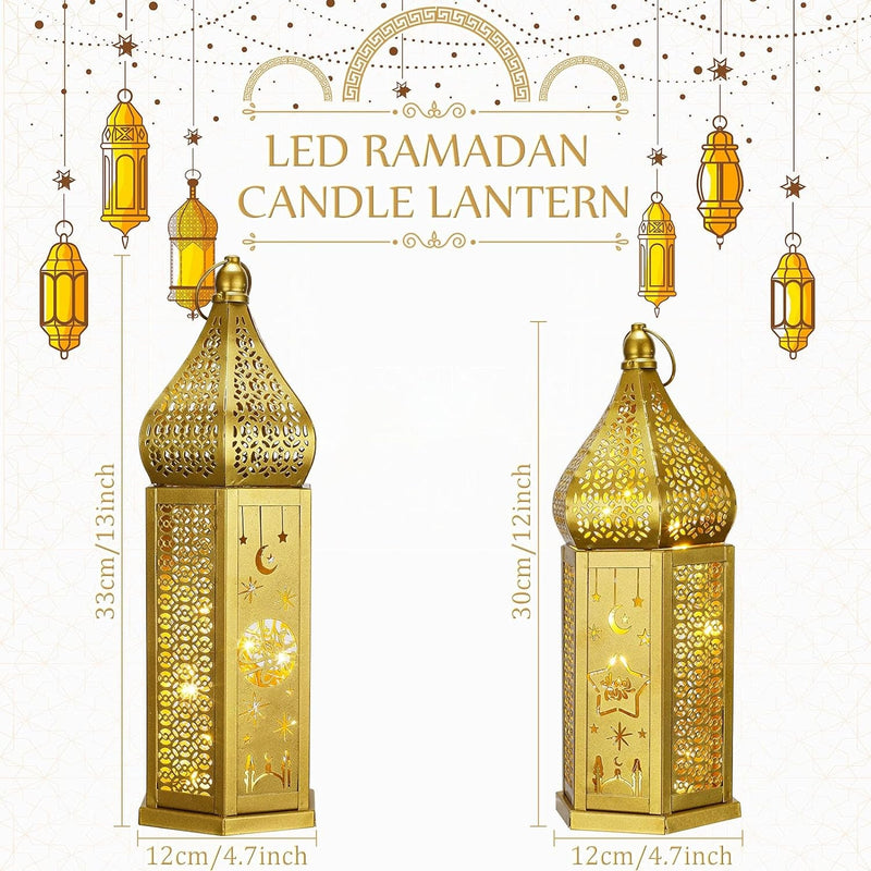 Eid Ramadan Large Moroccan Candle Lantern Set of 2 Metal Antique Gold Lanterns Decorative Temple Tower Lamp Moroccan Decor for Home Lantern Holders with LED Lights Indoor(Star Moon Style)
