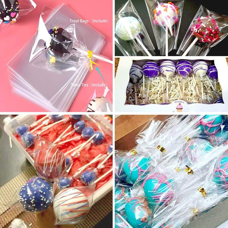 300 PCS Cake Pop Sticks and Wrappers Kit, Including 100Ct 6-Inch Paper Lollipop Sticks, 100Ct Clear Candy Treat Bags Parcel, 100Ct Gold Twist Ties for Cakepop, Lollipop, Hard Candy, Suckers, Chocolate