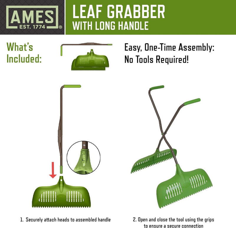 AMES Leaf Grabber Rake with Long Handle & Cushioned Grip for Leaves, Lawn Clippings, Twigs, Yard Waste