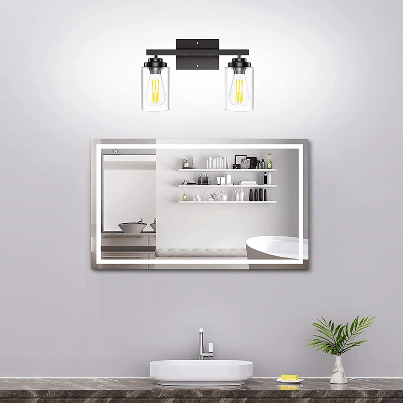 2-Light Vanity Light Fixtures, Black Farmhouse Wall Lamp Sconces Wall Lighting with Clear Glass Shade, Modern Wall Light Fixtures Bathroom Lights for Mirror, Living Room, Bedroom, Hallway