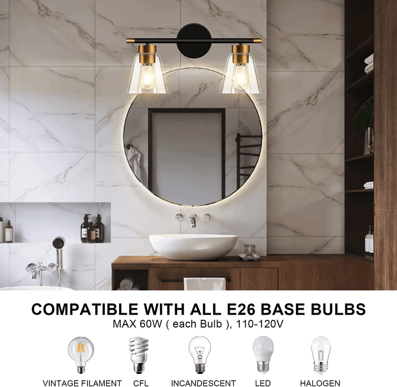 2-Light Vanity Lights Fixtures, Bathroom Lights Wall Mounted, Modern Wall Sconces Lighting, Matte Black Wall Light with Brass Accent Socket, Wall Lamp for Mirror Cabinets, Powder Room, Dressing Table