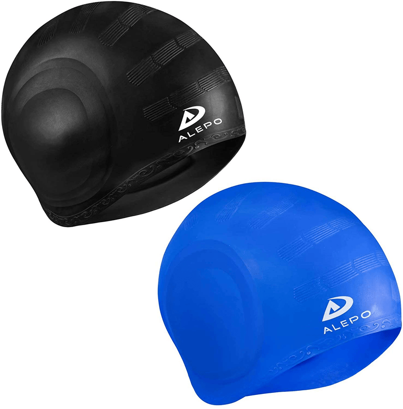 2 Pack Unisex Swim Caps with 3D Ear Protection, Durable Flexible Silicone Swimming Hats for Women Men Kids Adults, Bathing Swimming Caps for Short/Long Hair with Ear Plugs&Nose Clip Sporting Goods > Outdoor Recreation > Boating & Water Sports > Swimming > Swim Caps Alepo Blue  