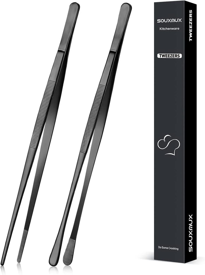 2 Pcs 12-Inch Cooking Tweezers Tongs Precision Serrated Tips, Stainless Steel Professional Chef Tweezer Kitchen Tools for BBQ, Plating and Serving (Black) Home & Garden > Kitchen & Dining > Kitchen Tools & Utensils SouxMux Black 10inch 
