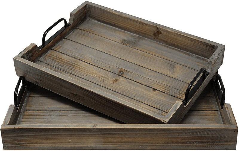 2 Pie­ce Decorative Nested Vintage Wood Serving Tray Set for Coffee Table or Ottoman – Rustic Wooden Breakfast Trays for Kitchen, Dining Room, or Living Room – Farmhouse Platter w/ Handles - Barnwood