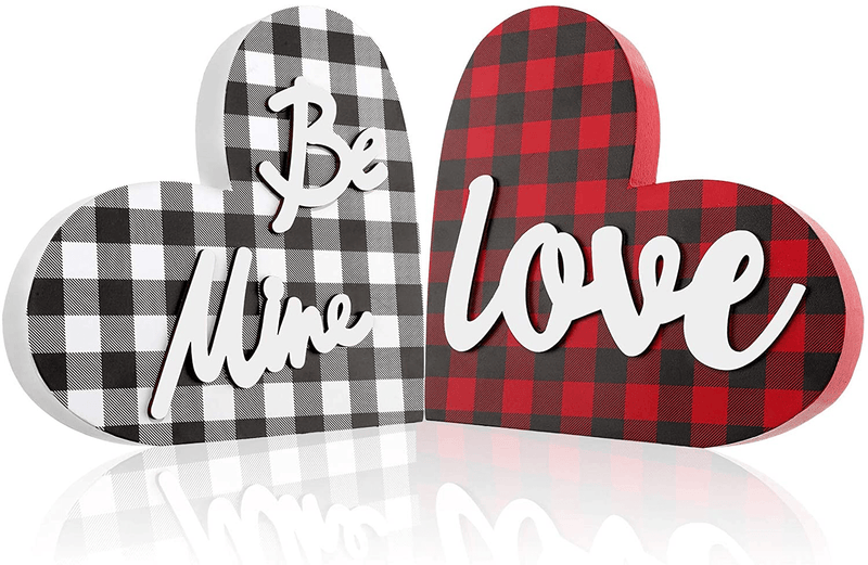 2 Pieces Valentine'S Day Wooden Sign, Romantic Buffalo Check Plaid Be Mine Decorative Love Heart Wood Sign for Valentines, Wedding, Mother'S Day, Party and Home Decorations (Red Black 1, Red Black 2) Home & Garden > Decor > Seasonal & Holiday Decorations Hicarer White Black, Red Black  